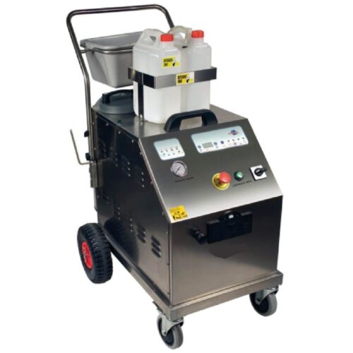 Generador de vapor industrial de alta potencia (18.000W) con 10 bar de presión y sistema de doble depósito para uso intensivo.