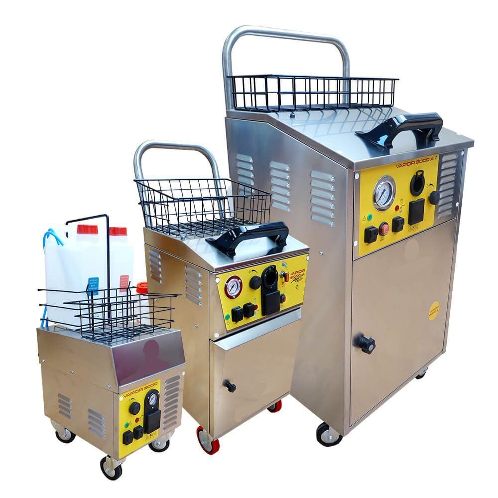 Generador de vapor profesional con potencia regulable entre 3000W y 9000W y presión de hasta 7,5 bar para limpieza técnica.