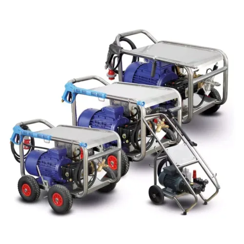 Serie Jet E de hidrolimpiadoras eléctricas de agua fría, eficientes y resistentes para limpieza profesional en talleres y superficies diversas.