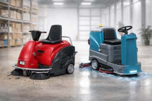 Barredora industrial y fregadora de suelo hombre a bordo trabajando en nave industrial, maquinaria profesional de limpieza para grandes superficies.
