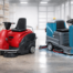 Barredora industrial y fregadora de suelo hombre a bordo trabajando en nave industrial, maquinaria profesional de limpieza para grandes superficies.